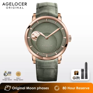 ساعة AGELOCER الذهبية الميكانيكية للرجال بمؤشر أطوار القمر لمدة 29.51 يومًا، هدية عيد ميلاد مثالية للرجال