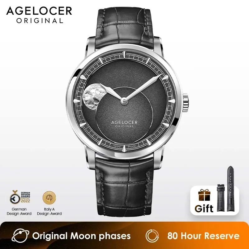 ساعة AGELOCER الميكانيكية للرجال بتصميم فلكي أصلي، مع مؤشر أطوار القمر لمدة 29.51 يومًا، باللون الرمادي الداكن، هدية عيد ميلاد مثالية للرجال
