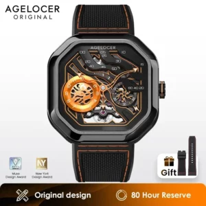 ساعة AGELOCER للرجال بتصميم هيكل عظمي فاخر أصلي، ساعة ميكانيكية أوتوماتيكية أنيقة للهدايا العصرية